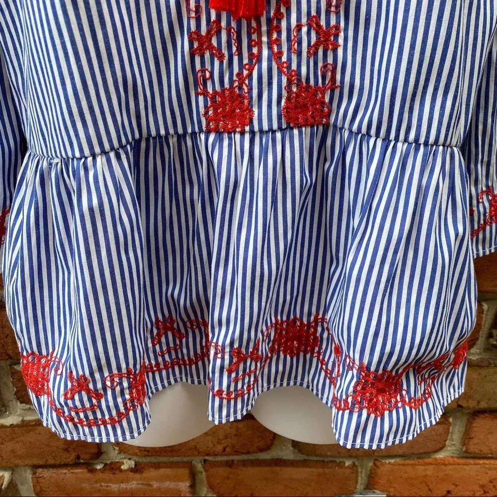 Primark Blue White Striped Blouse Red Embroidery - Picture 4 of 8